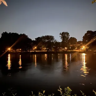 the reflection of the lights in the water