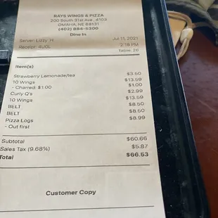 $66.53 for an app, 2 sandwich&apos;s, curly fries and wings