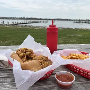 Sammich, fries, drink, ketchup, and a view