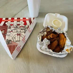 My lunch combo: pizza  6 wings and medium drink