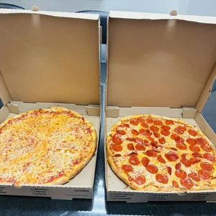Cheese Pizza left pepperoni pizza right