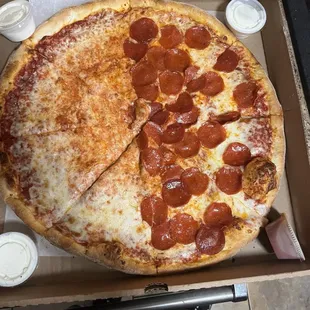 Half cheese,half pepperoni pizza