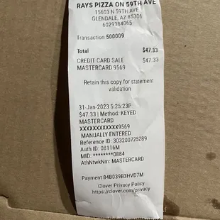 a receipt for ray&apos;s pizza on sixth avenue
