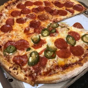 Medium pepperoni and half jalapeños