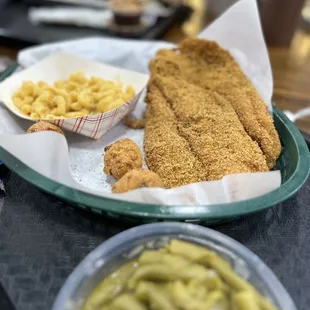 2pc Catfish Plate with Mac &amp; Cheese and a side of Green Beans - yum!