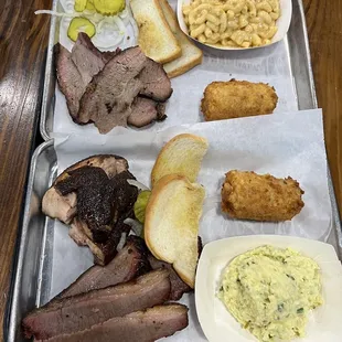 2 Meat Plate- Chicken and Brisket with Fried Corn and Potato Salad + Brisket Plate with Smoked Mac &amp; Cheese and Fried Corn