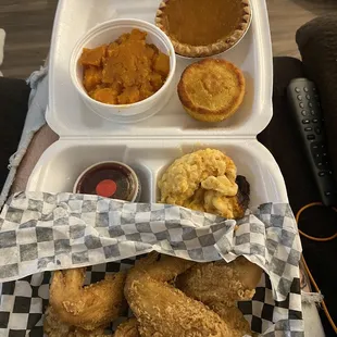 JR fried chicken wings meal with Small Candied Yams, Small 7 Cheese Macaroni, Sweet Potato Pie, corn muffin and hot BBQ.