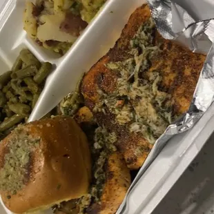 Salmond with crab Green beans and red potatoes
