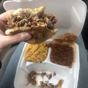 Small Pork Plate, Mac and Cheese, and Baked Beans