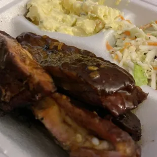 Ribs, potato salad, slaw