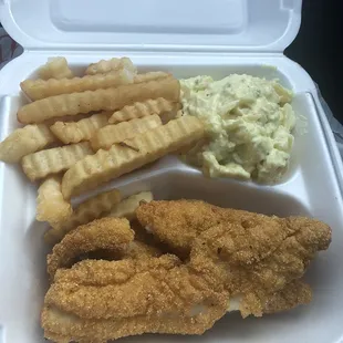 Fried fish, fries and potato salad.