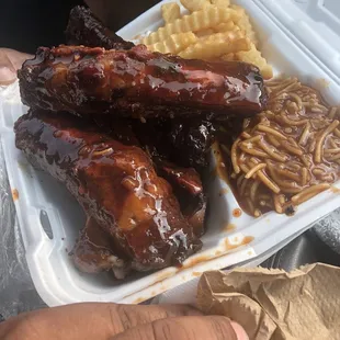 Beef ribs, BBQ spaghetti and fries.