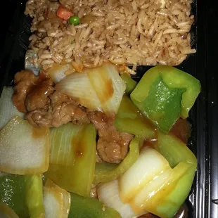 All day special pepper steak with fried rice.