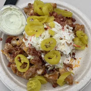Balls with bacon, banana peppers, coleslaw &amp; cheese
