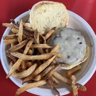Hamburger* with cheese and fries