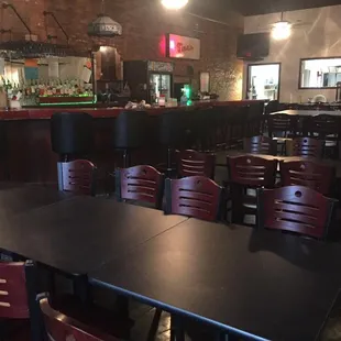 empty tables and chairs in a restaurant