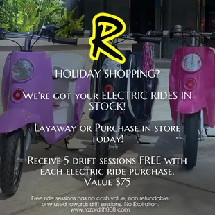 Layaway in full Holiday swing. Come by and choose your electric ride today!