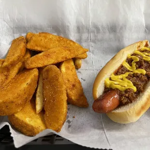 a hot dog and french fries
