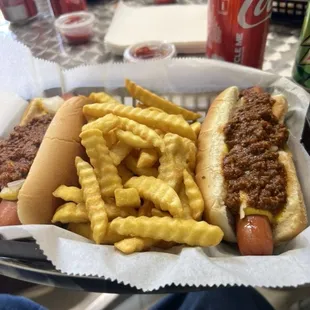 Thursday special, 2 chili dogs with fries. (Drinks are extra)