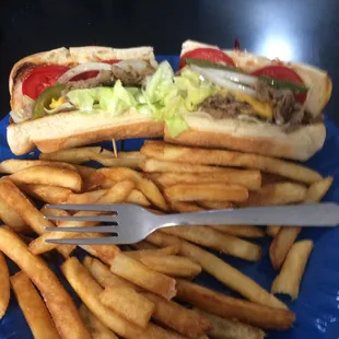 Stake and cheese with french fries.