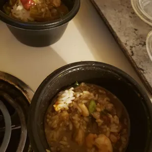 1 cup Chicken  and Andouille Gumbo  1 cup Seafood Gumbo