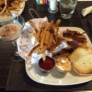 Burger and fries with a Manhattan