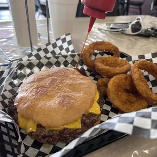 Monster Burger and super fresh onion rings!