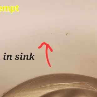 a close up of a sink with a red arrow pointing to a scratch in the sink