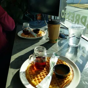 Waffles, hot chocolate, and a work space.