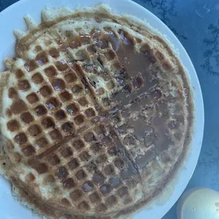 Caramel Pecan Waffle (pecans are baked into the waffle, caramel sauce is on the side)