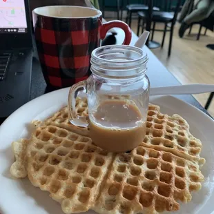 Decaf latte and caramel pican waffle.
