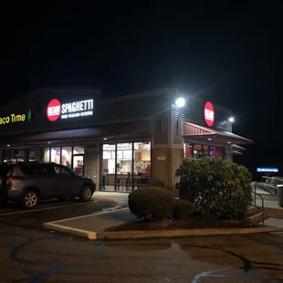 a fast food restaurant at night