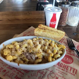 Baked Cav &amp; Cheese with garlic bread and a Coke