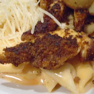 Fire chicken pasta, close-up.