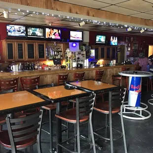 a bar with tables and stools