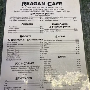 the menu for reagan cafe