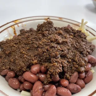 The chili, artfully arranged with a few Jackson Pollock-style flourishes.