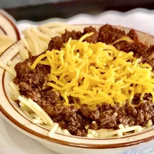 Chili with Spaghetti, Cheddar Cheese and no Beans