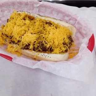 Chili cheese dog with onions hidden