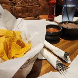 a basket of tortillas and salsa