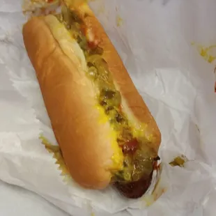 Jumbo beef stop light: Ketchup Mustard Relish. Delicious