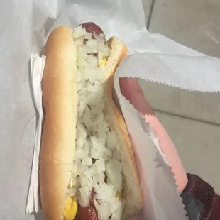 a hand holding a hot dog with sauerkraut and onions