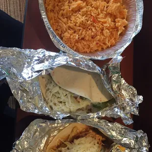 Chicken and beef taco w Mexican rice