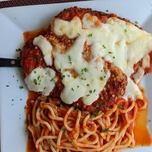 a plate of spaghetti and meat