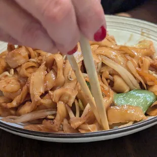 Stir fried noodles with shrimp. Tasty with onion and bean sprouts.