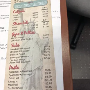 a menu for the statue of liberty