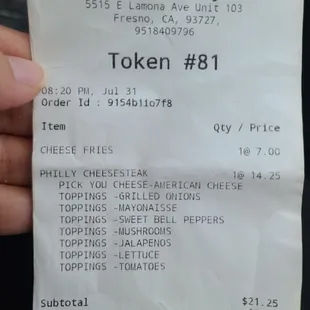 Receipt for our sandwich + cheese fries