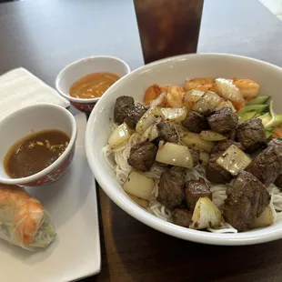 Summer rolls with pork and shrimp, and vermicelli bowl with beef and shrimp