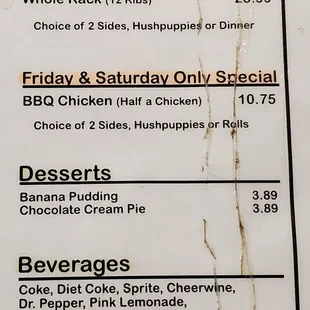 Specials, desserts and beverages