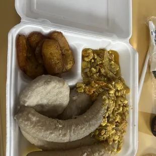 This is a breakfast special: Ackee vegan style (no salt fish), boil bananas and dumplings with a side of plantains!